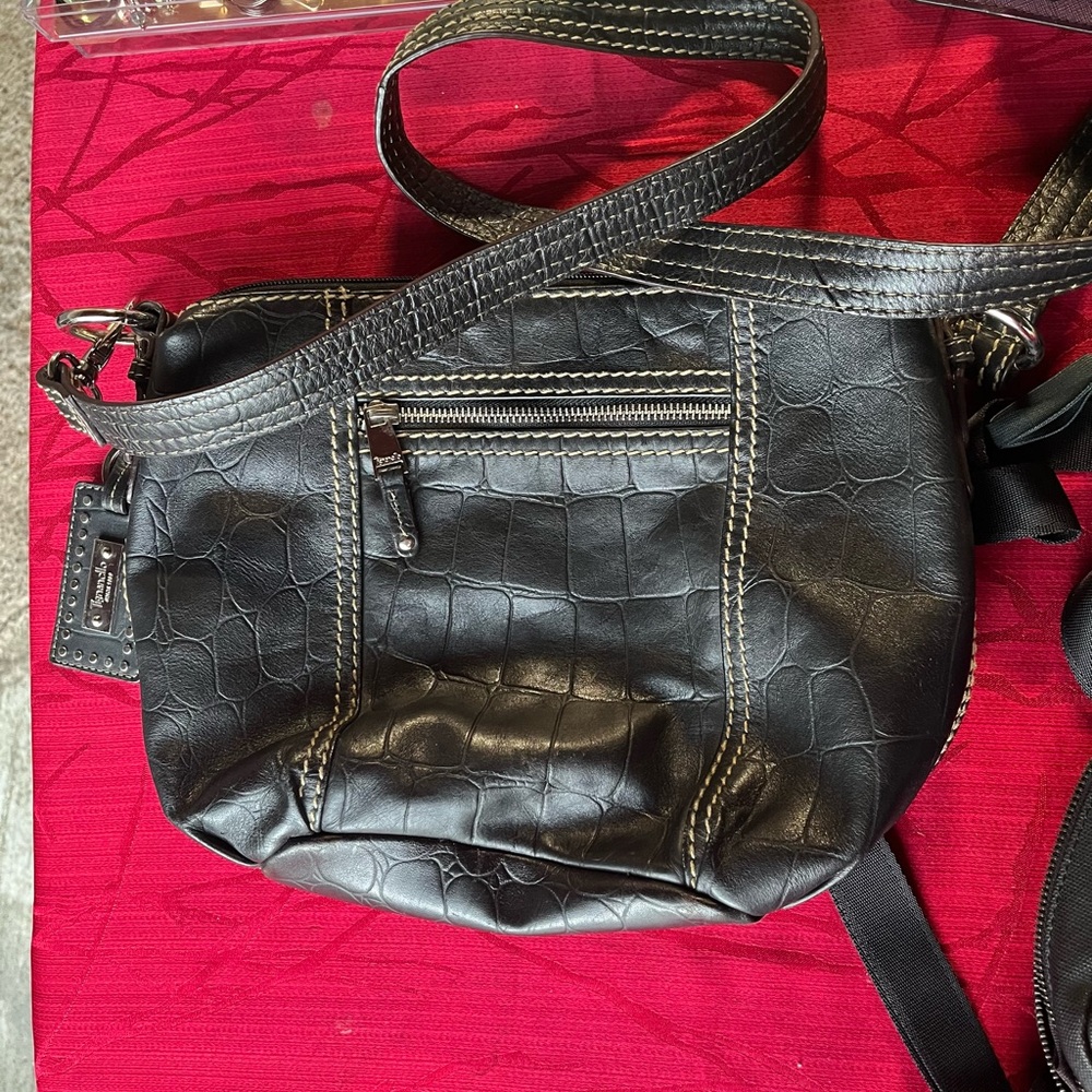 Tignanello Black Crossbody Bag with Geometric Stitching